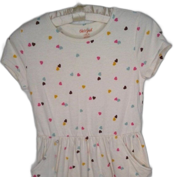 Cat & Jack Girls Fit & Flare Short Sleeve Dress Ivory Hearts Pockets Size 10/12 - Picture 1 of 7